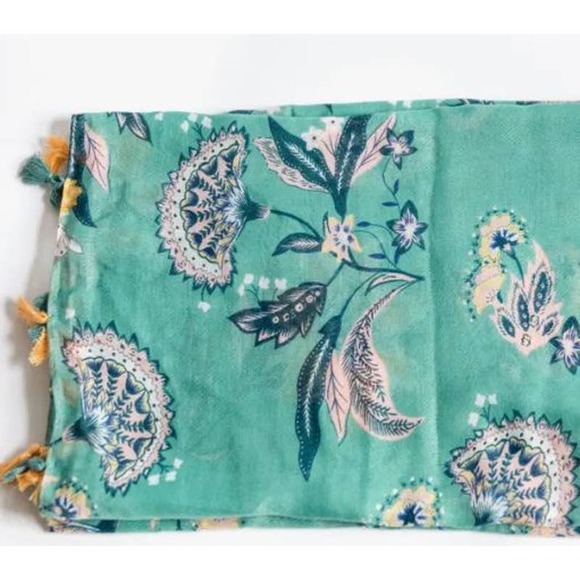 Turquoise Yellow Cottage Floral Design Lightweight Tasseled Scarf - Picture 5 of 5